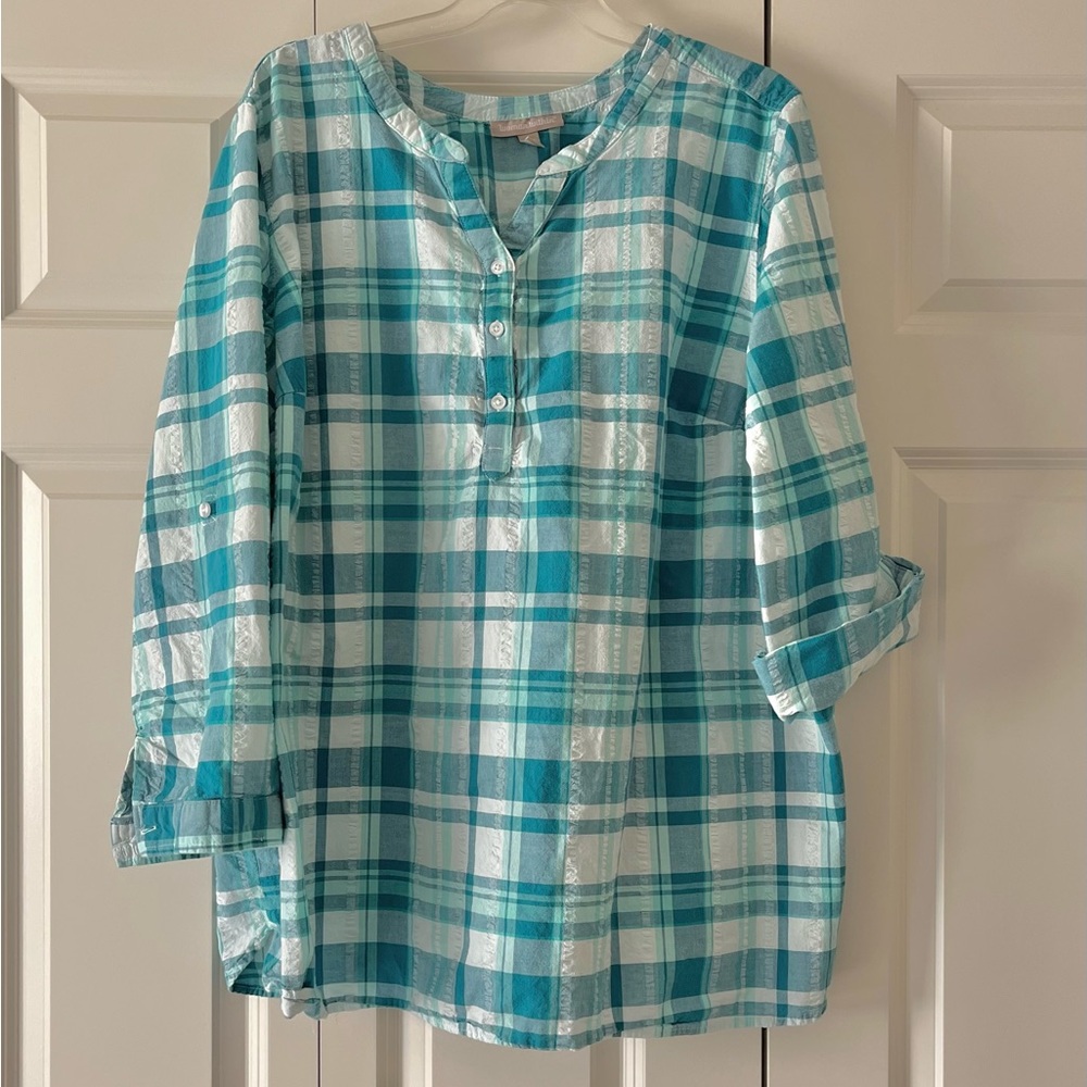 Women’s Plus Size Teal and White Plaid  Seersucker Tunic - 3X